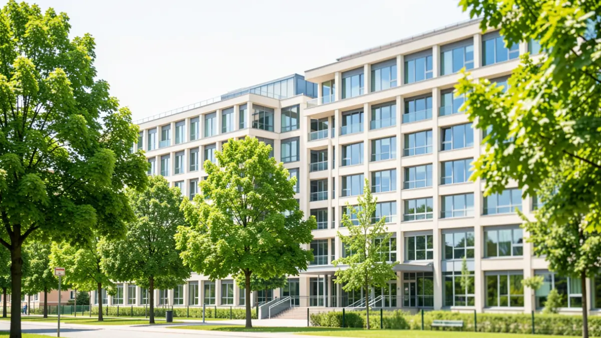 Imagen genérica de un edificio universitario moderno con vegetación.