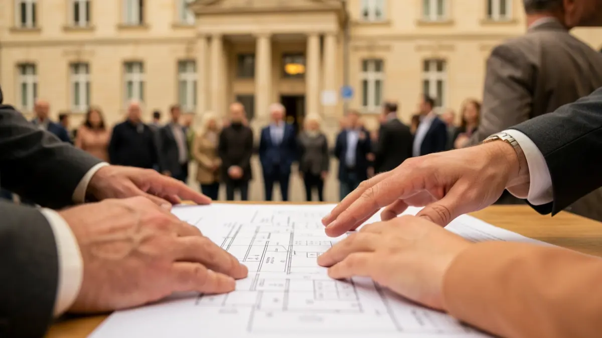 Symbolic image of public funds debate at a town hall.
