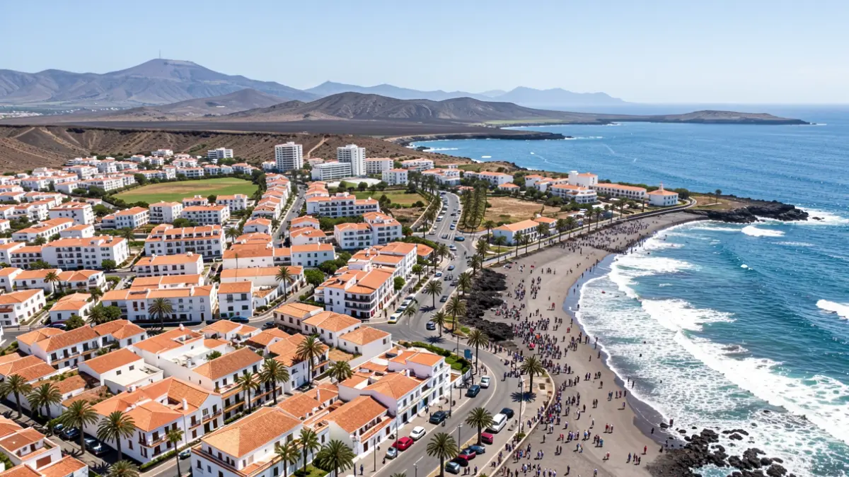 Vista aérea de Puerto del Rosario, Fuerteventura, con zonas urbanas y costeras.