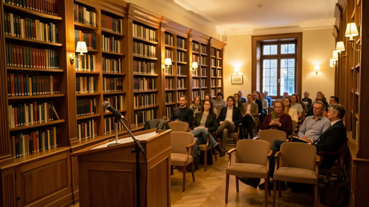 Stage prepared for a cultural event in a library with warm lighting.