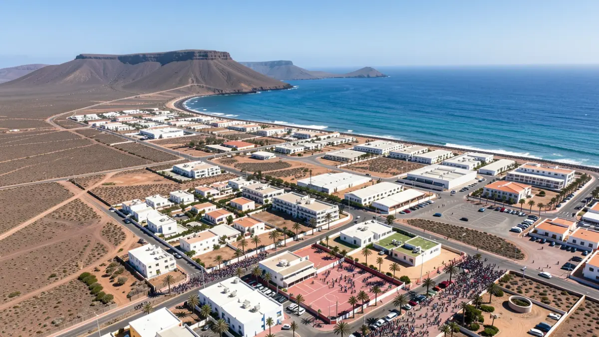 Aerial view of Puerto del Rosario, Fuerteventura, showing urban development and infrastructure.