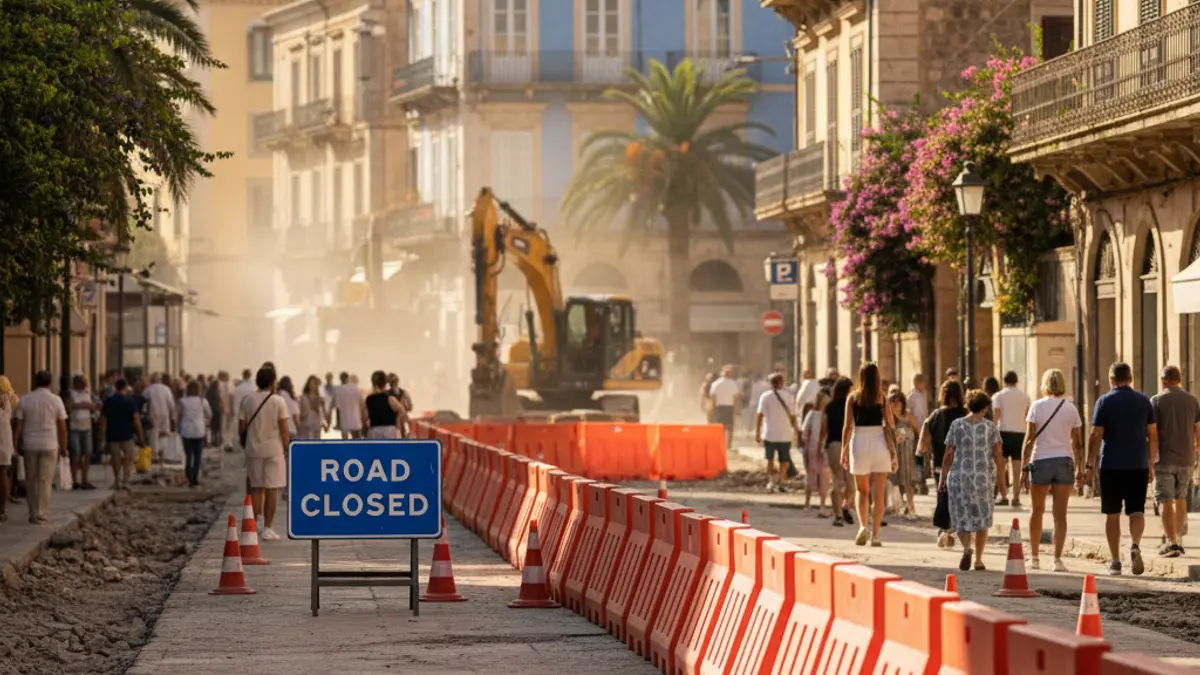 Generic image of a street under construction with orange safety barriers.