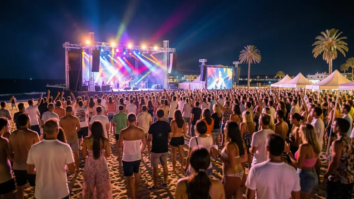 Imagen genérica de un festival de música en la playa de Gran Canaria con luces de escenario y público.