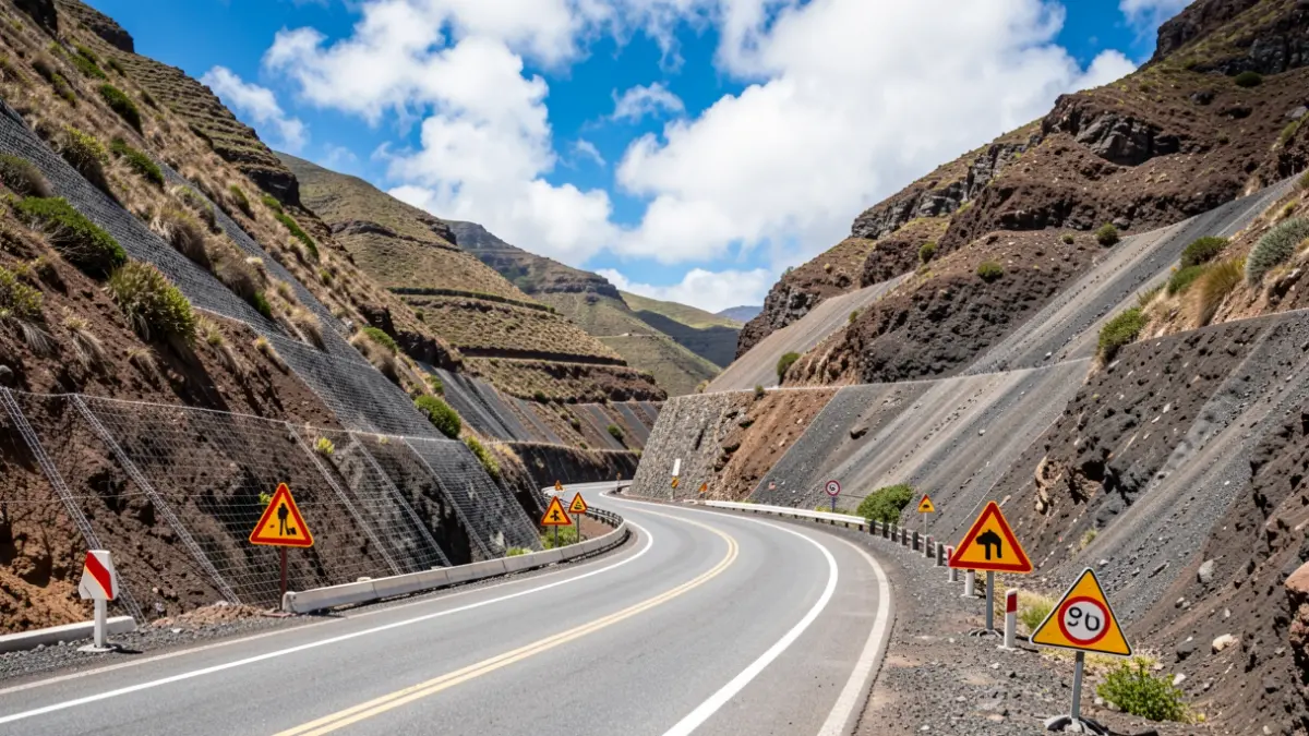 Imagen de la carretera de El Rejo en La Gomera con señalización de obras y limitación de velocidad.