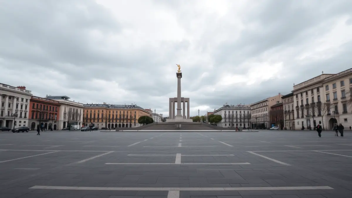 Imagen de un monumento en una plaza pública, con un ambiente de reflexión histórica.