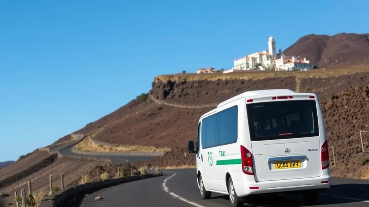 Image of a public transport vehicle on a rural road in the Canary Islands.