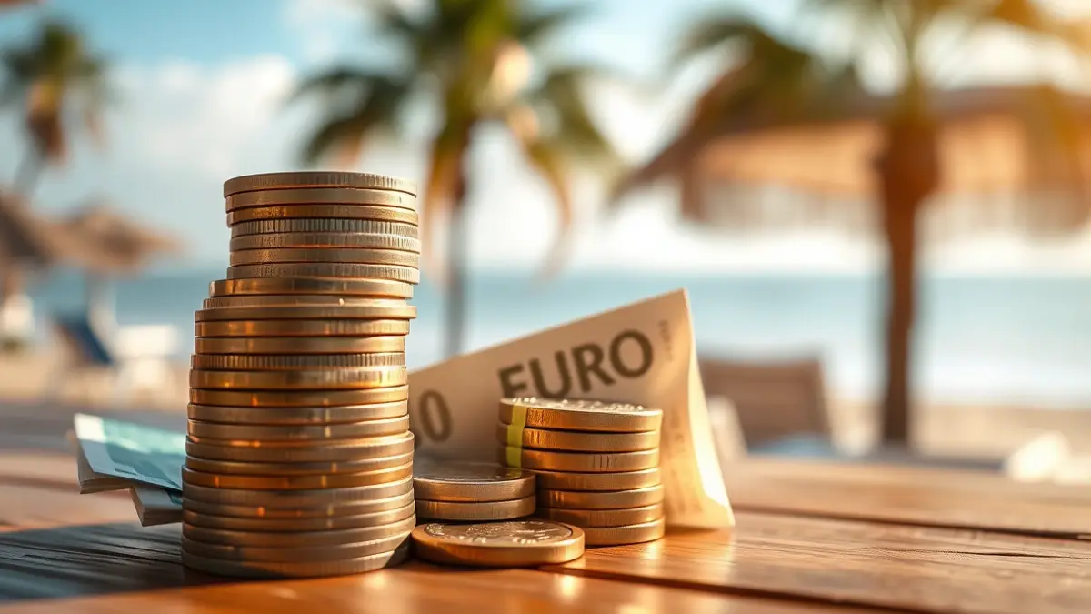 Imagen genérica de monedas y billetes de euro sobre una mesa, con una playa canaria de fondo, representando el impacto económico en el turismo.