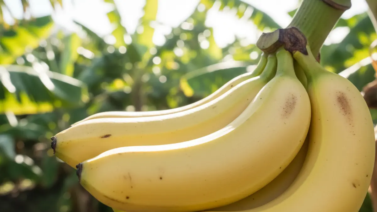 Generic image of a bunch of ripe bananas, with a blurred background of a tropical plantation.