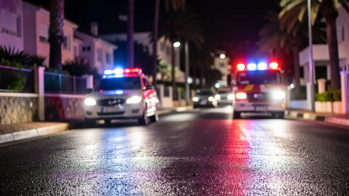 Imagen genérica de luces de emergencia en asfalto mojado por la noche.