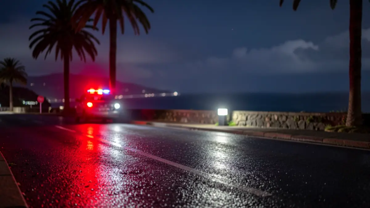 Generic image of emergency lights reflecting on wet asphalt at night on the coast of Puerto de la Cruz.