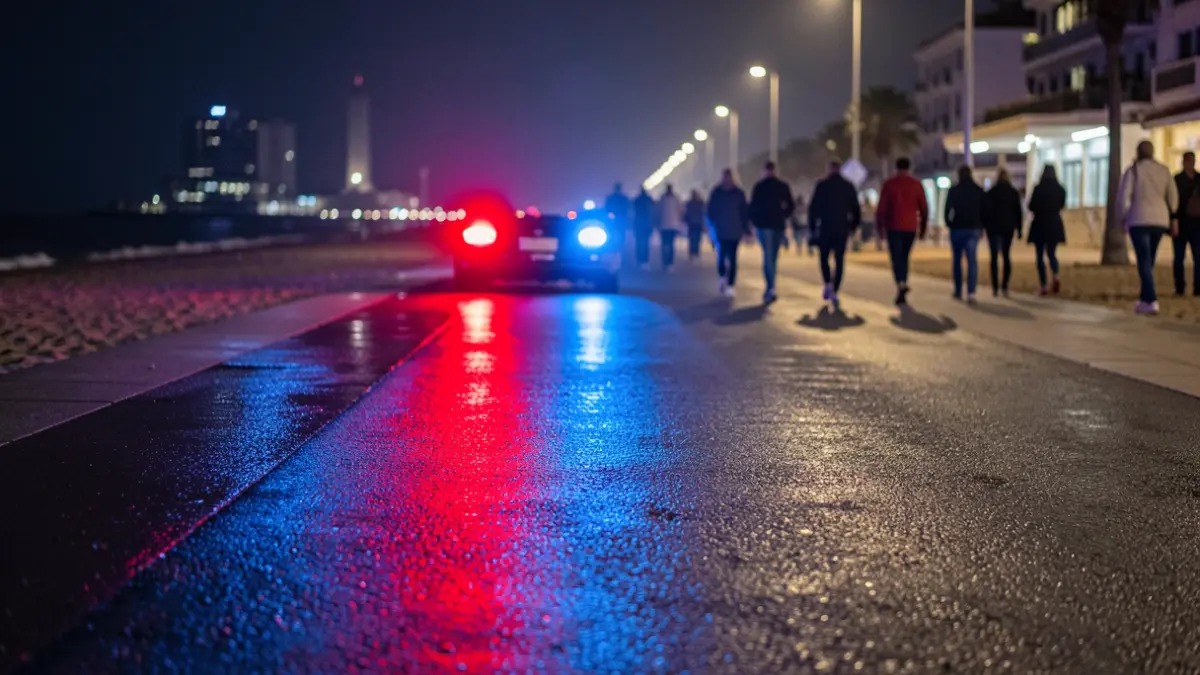 Generic image of police emergency lights reflecting on wet asphalt at night.