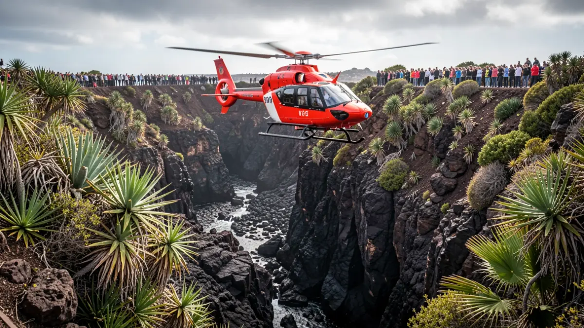 Image of a rescue helicopter over a ravine in Gran Canaria.