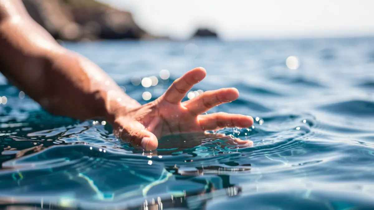 Primer plano de la mano de una submarinista emergiendo del agua en Lanzarote.