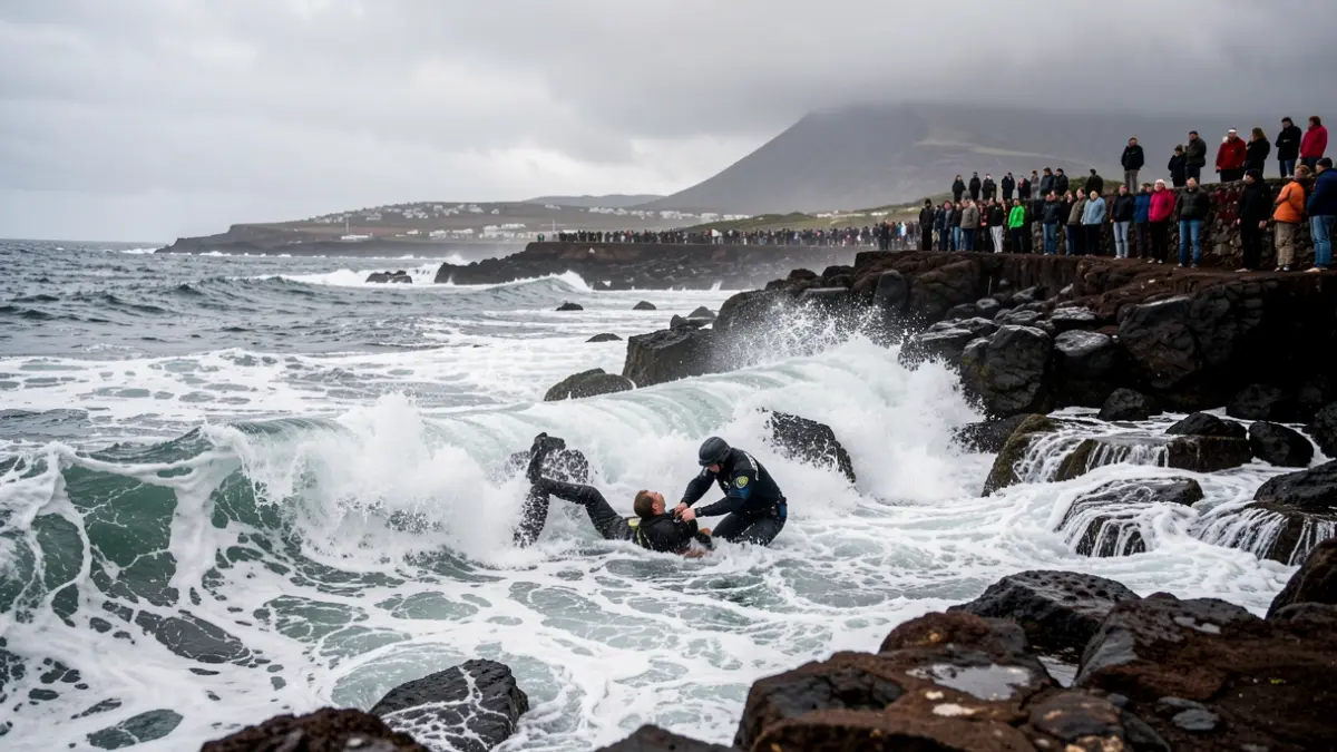 Agente de la Guardia Civil rescatando a un hombre del mar en una zona rocosa y con fuerte oleaje en Tenerife.
