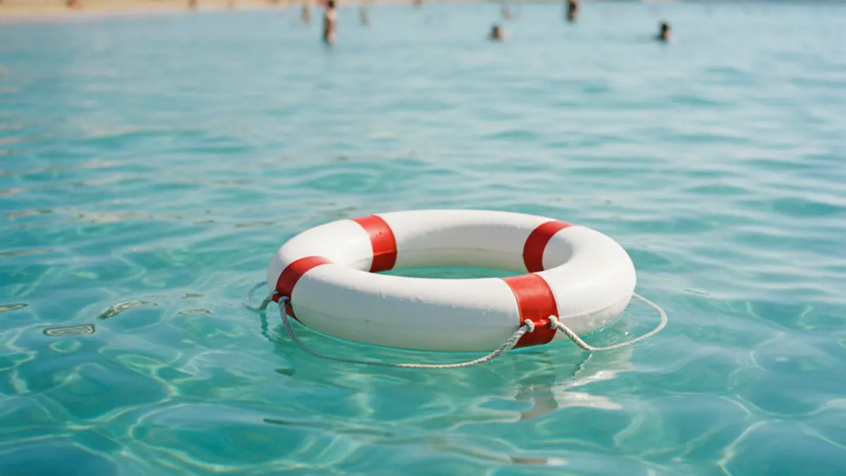 Generic image of a lifebuoy floating in the sea near a beach.
