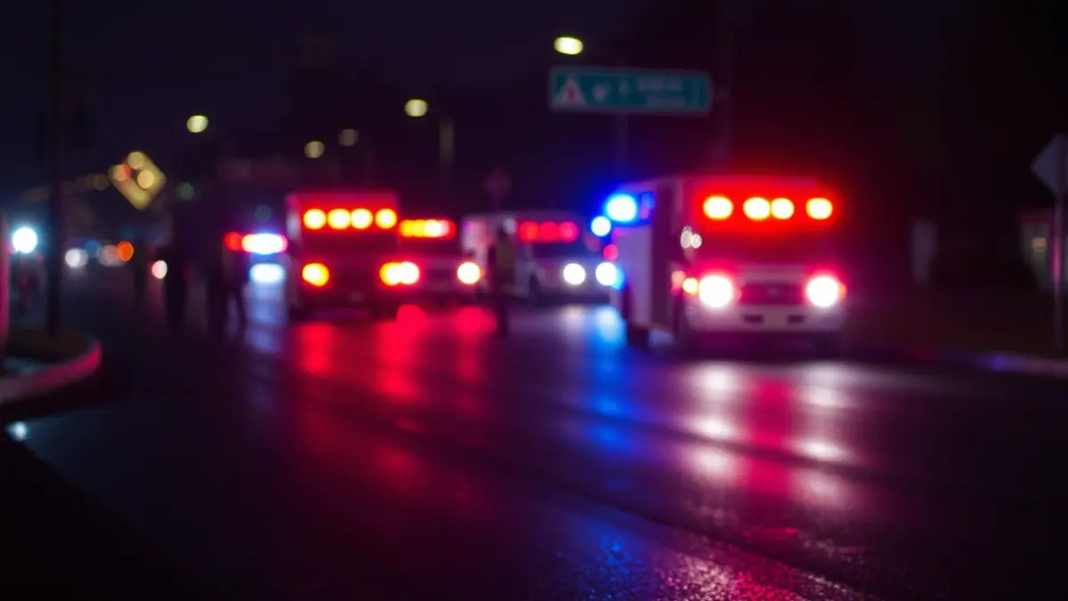 Imagen genérica de luces de emergencia reflejadas en el asfalto mojado durante la noche.