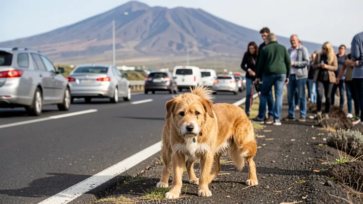 Image of a scared dog on the TF-5 highway in Tenerife, with cars and people around.