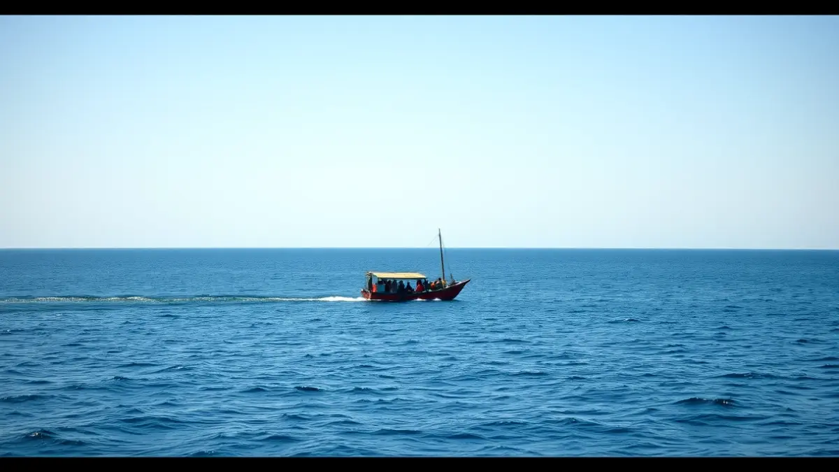 Image of a cayuco at sea, with many people on board, under a clear sky.