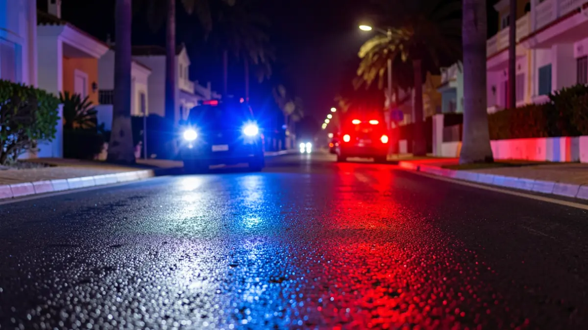 Generic image of police emergency lights reflecting on wet asphalt at night.