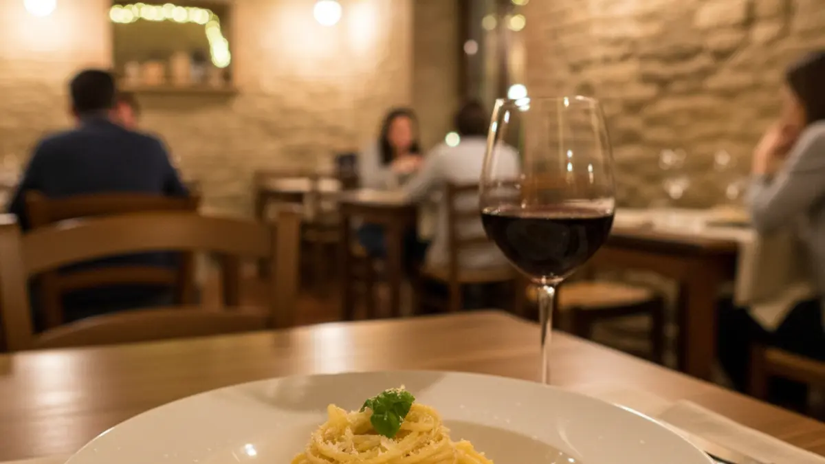 Imagen genérica de un restaurante italiano con un plato de pasta y vino.