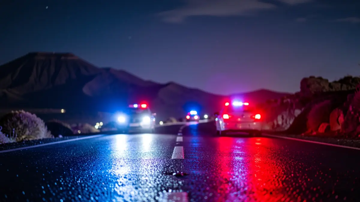 Generic image of police emergency lights reflecting on wet asphalt at night.