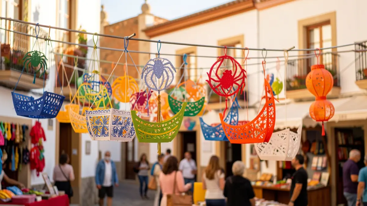 Decoraciones tradicionales de papel picado con diseños intrincados de arañas, farolas y barcos, expuestas durante una fiesta local en una plaza de Canarias.