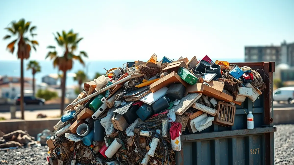 Waste container full of debris in a coastal area of Fuerteventura.