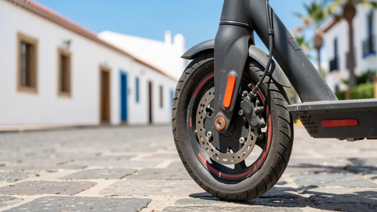 Close-up of an electric scooter wheel parked on a sidewalk in Costa Teguise, with blurred traditional Canarian architecture in the background.