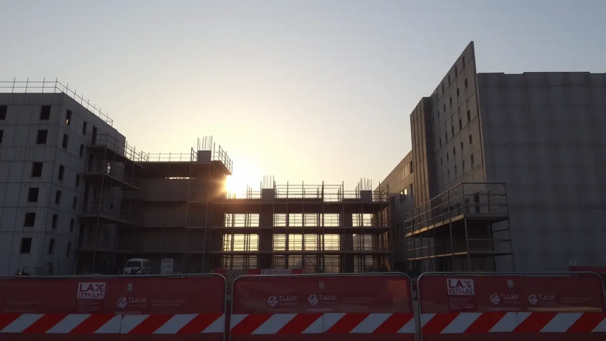 Imagen de una obra en construcción con andamios y paredes a medio terminar, iluminada por el sol poniente.