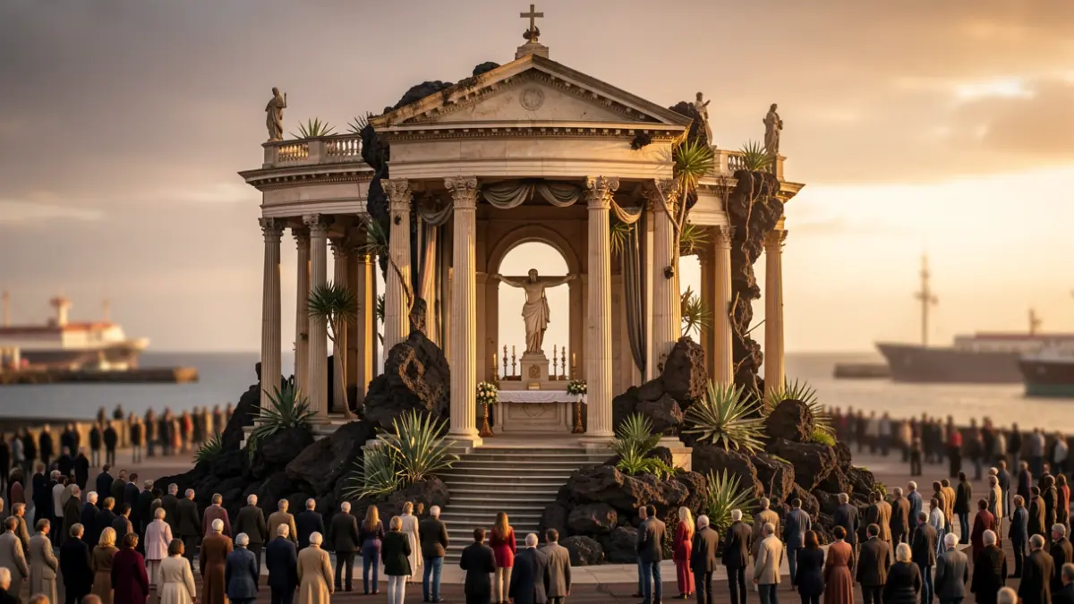 Conceptual design of an altar for the papal visit in Tenerife, merging Vatican architecture with Canarian elements.