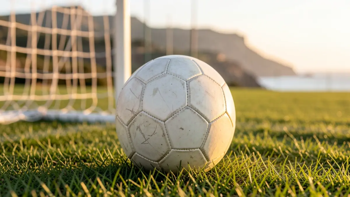 Imagen genérica de un balón de fútbol sobre césped con la red de la portería desenfocada.