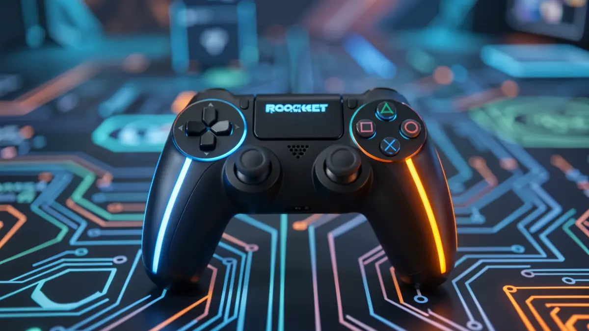 Imagen genérica de un mando de videojuego futurista con luces azules y naranjas.