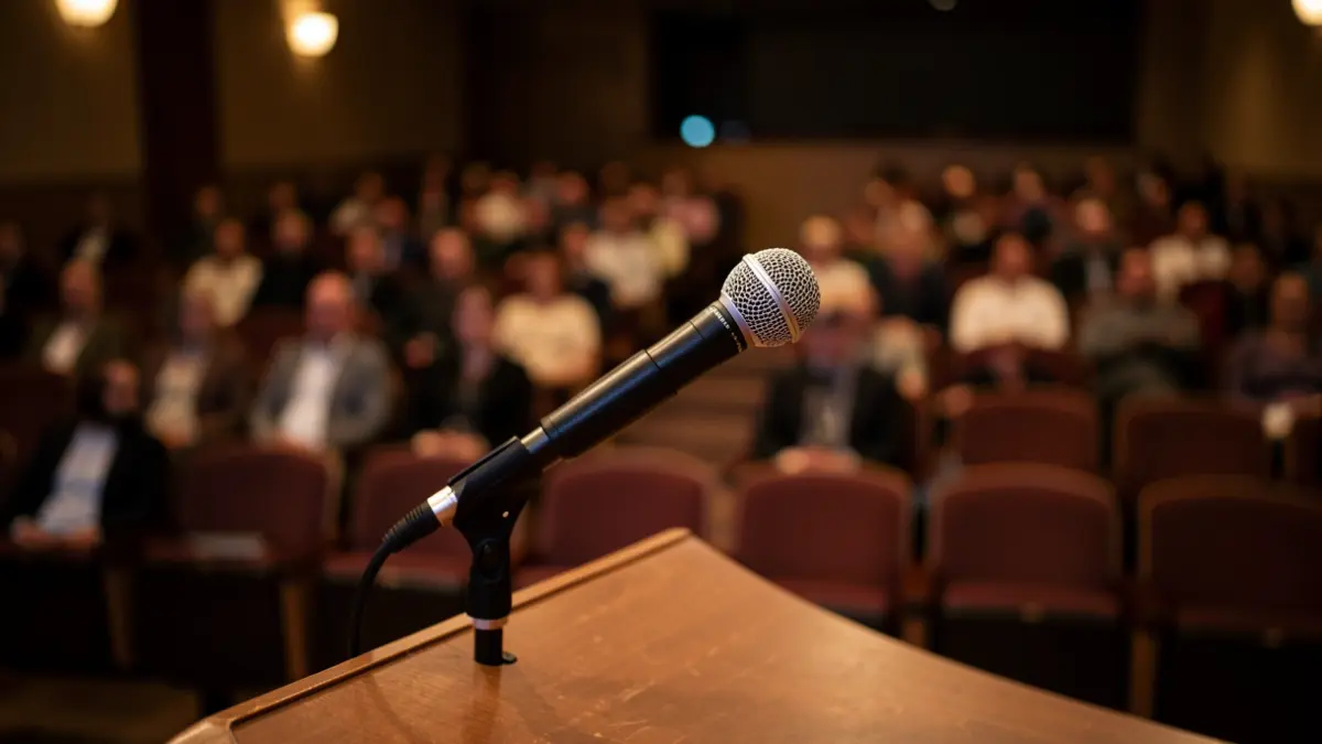 Generic image of a microphone in an auditorium.