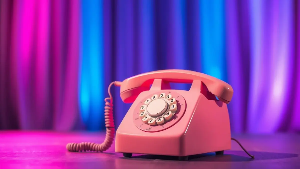 Imagen simbólica de un teléfono antiguo en un escenario iluminado con colores LGTBI.