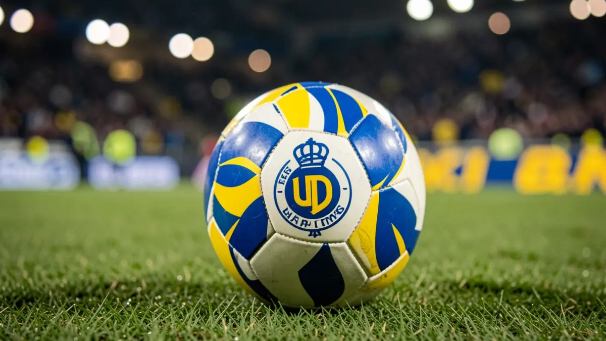 Football with the UD Las Palmas crest on grass.