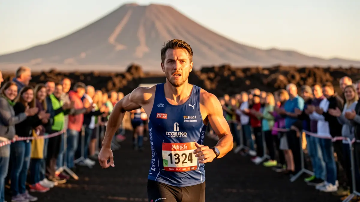 Image of a triathlete crossing the finish line at the IRONMAN Lanzarote.