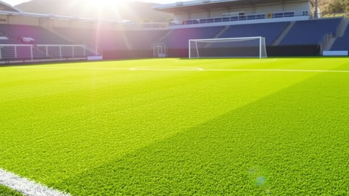 Imagen de un campo de fútbol de césped artificial recién renovado en un complejo polideportivo.