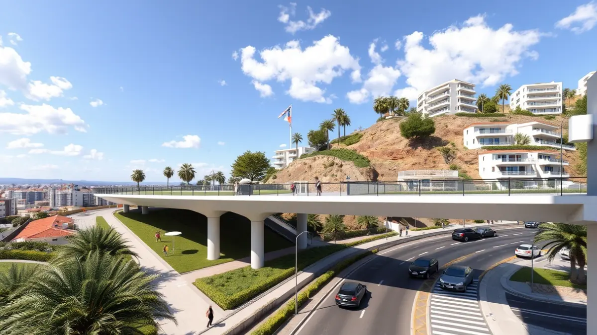 Imagen de una plataforma elevada que conecta un parque con una ladera en un entorno urbano.