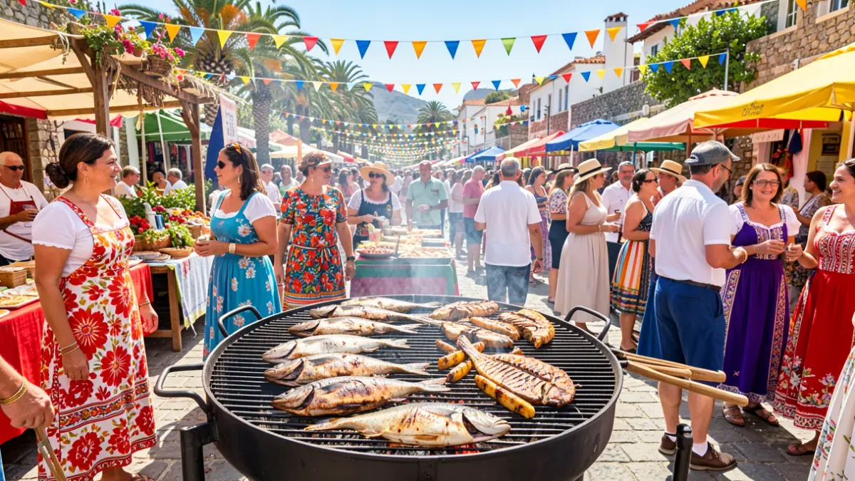 Generic image of a Canarian popular festival with food and people celebrating.