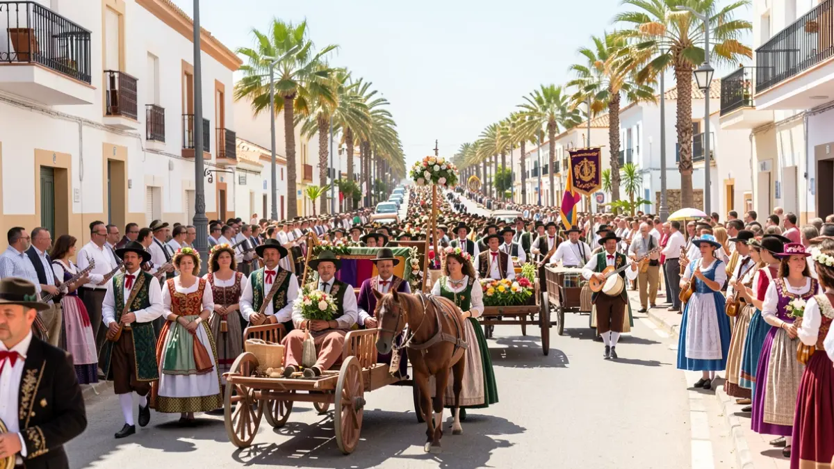 Imagen de la romería tradicional en San Fernando de Maspalomas con carretas y vecinos ataviados.