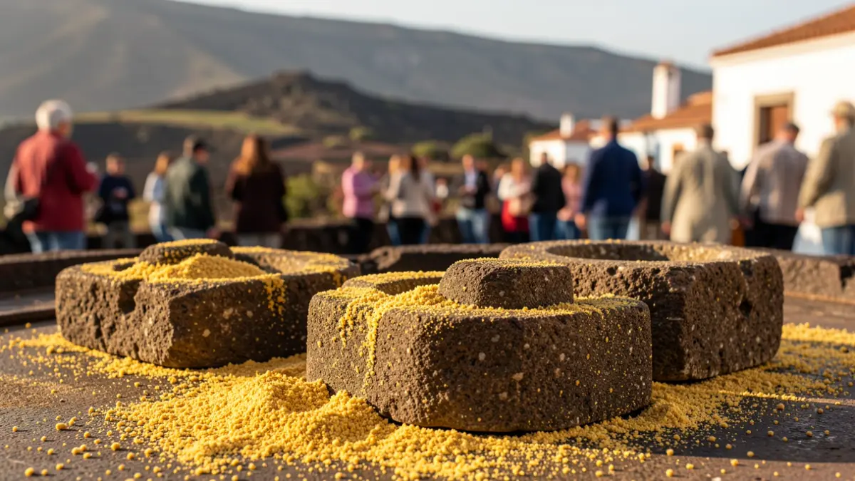 Generic image of gofio milling stones with gofio powder and a Canarian landscape in the background.