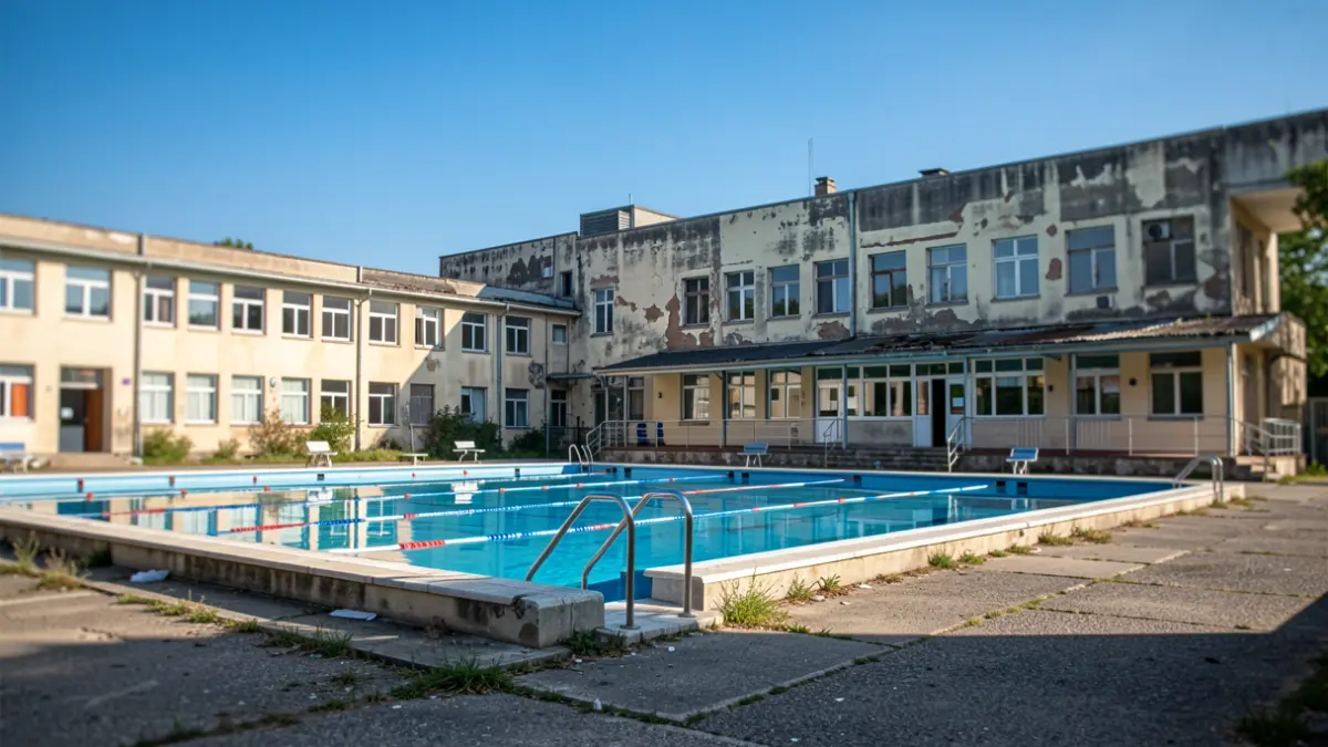 Generic image of a municipal swimming pool showing signs of deterioration.