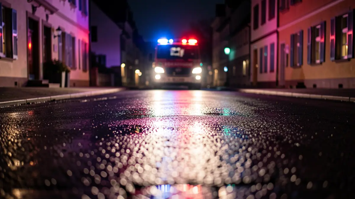 Generic image of emergency lights reflecting on wet asphalt at night.
