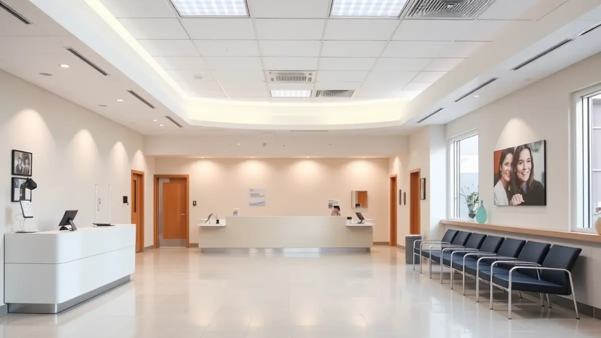 Imagen genérica de un centro de salud moderno, con una recepción y sala de espera, en un ambiente limpio y estéril.