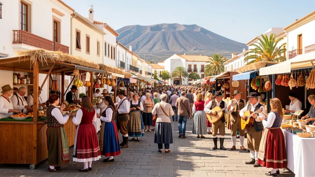 Generic image of a popular festival in the Canary Islands with food stalls and people in traditional dress.
