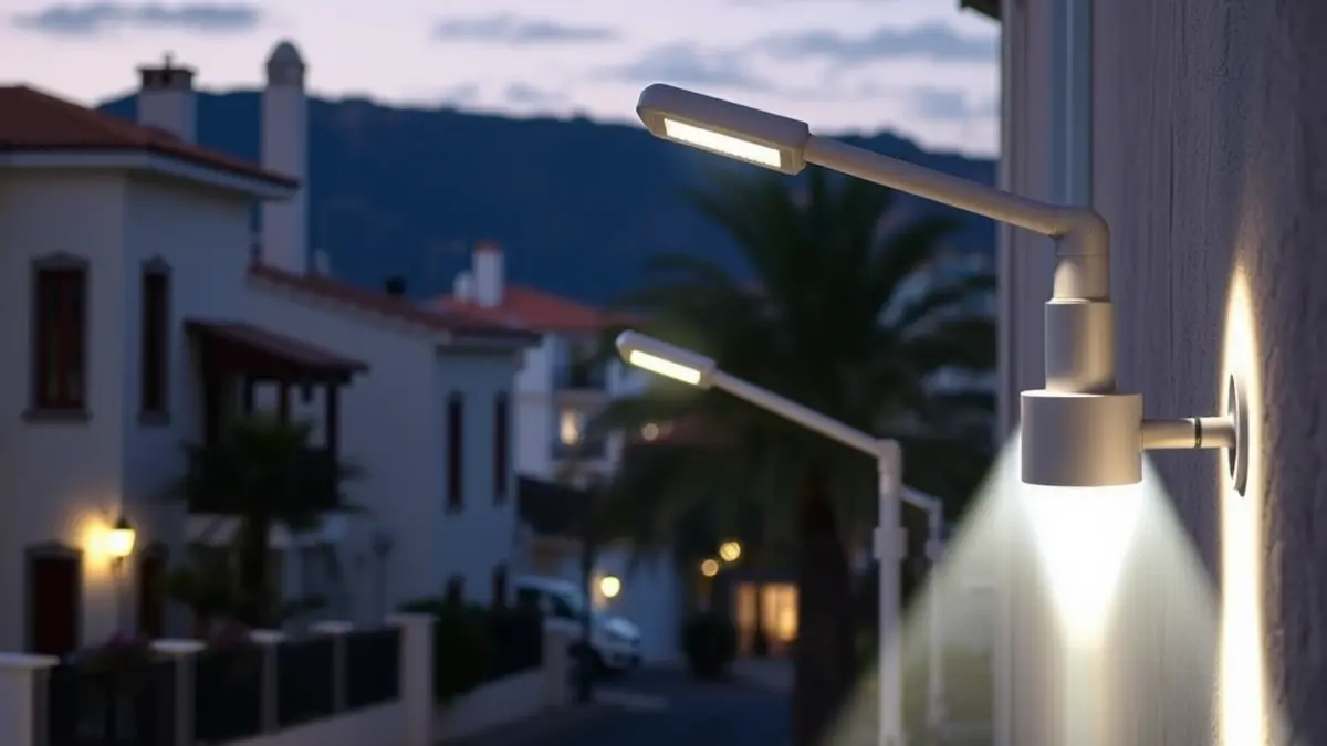 Generic image of a modern LED street light in a Canary Islands town at dusk.