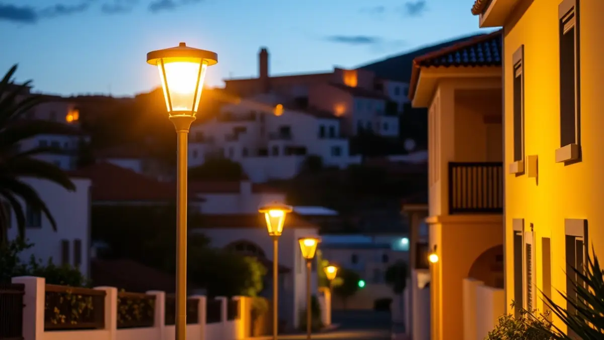 Imagen de farolas LED modernas en una calle de Santa Brígida al anochecer.