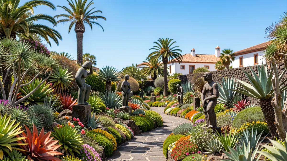 Generic image of an artistic botanical park in La Palma, featuring endemic flora, sculptures, and pathways.