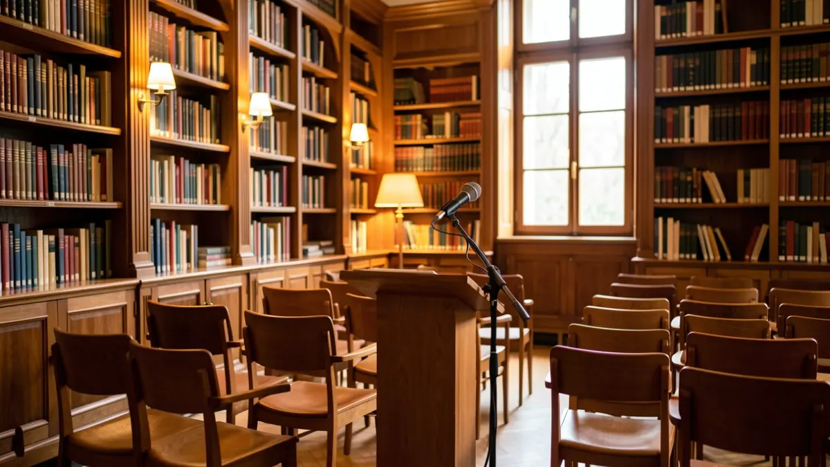 Generic image of a conference room with a microphone and bookshelves.