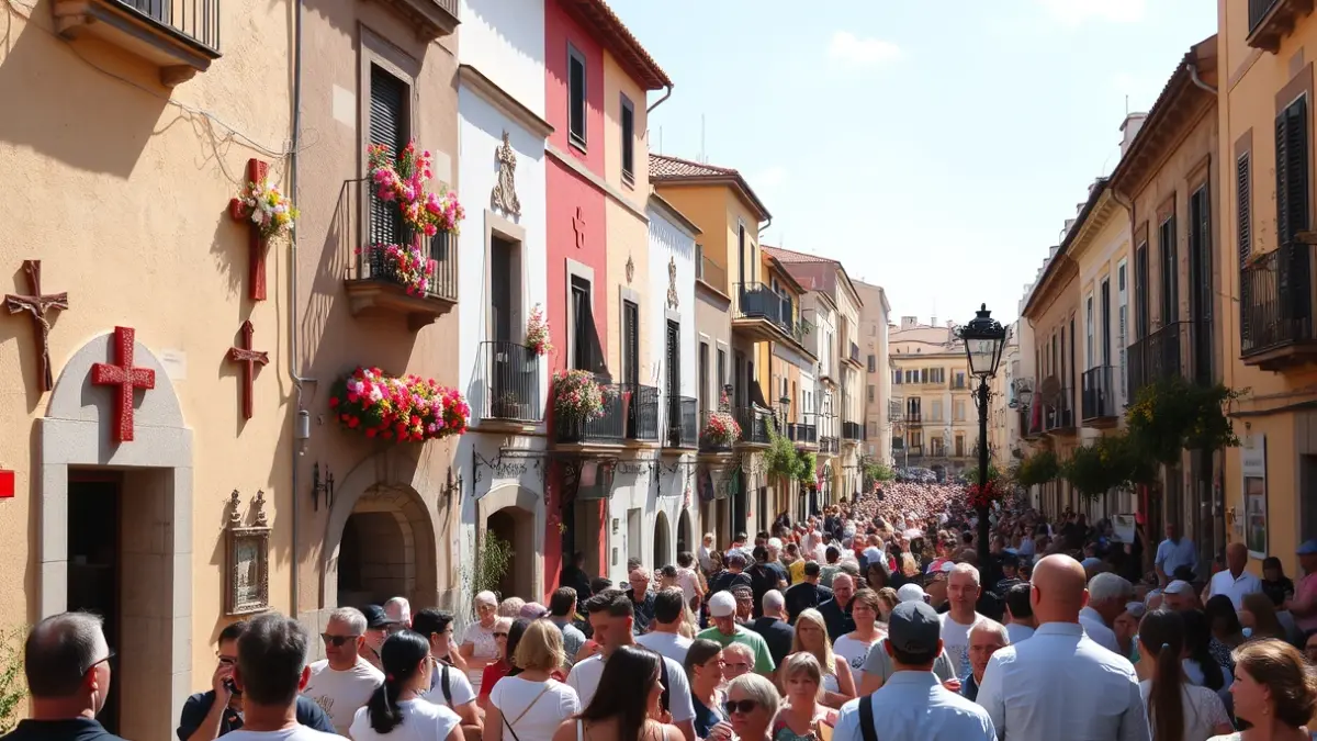 Natural flower crosses decorating the streets of a Canarian city during a local festival.